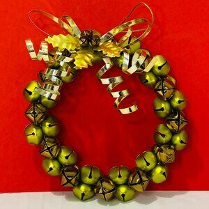 Pottery Barn Christmas Jingle Bells Green and Gold Brass Metal Wreath 7"